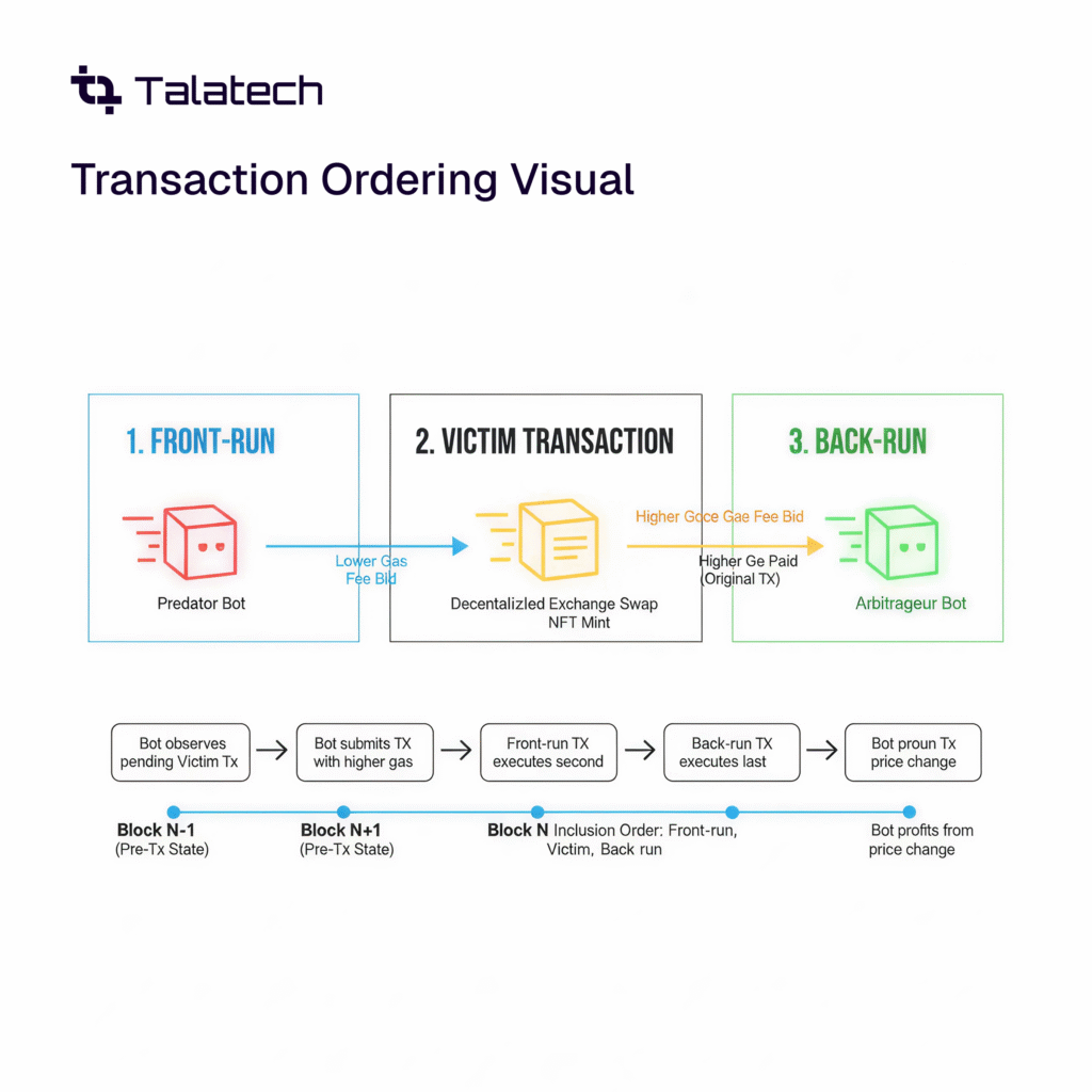 Diagram explaining front-running attack in DeFi transactions.