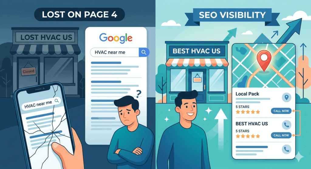 Comparison of poor local visibility versus high ranking SEO results for a US business.
