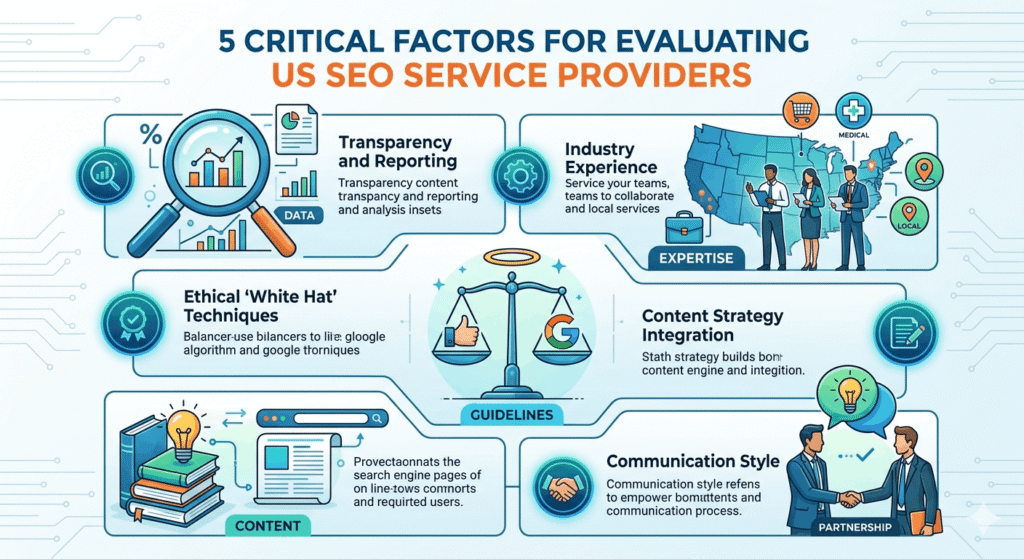 5 critical factors for evaluating US SEO service providers.
