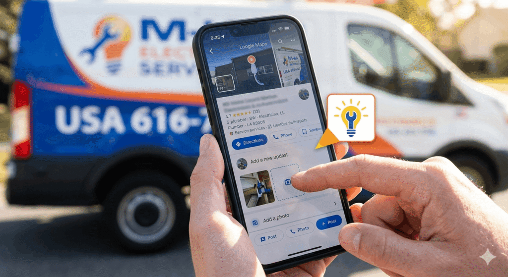 A hand holds a smartphone, creating a Google Business Profile update post to announce a new plumbing service, showcasing active optimization.