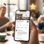 A customer in a USA coffee shop uses a smartphone to leave a five-star review, illustrating social proof for Google Business Profile optimization.