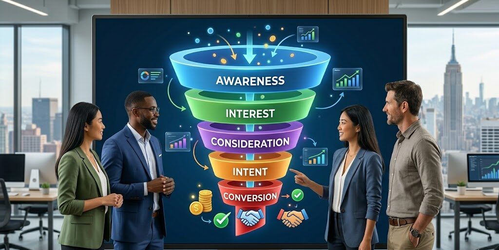 Visual representation of a digital marketing conversion funnel