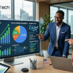 A US business team analyzing a digital marketing lead generation dashboard showing growth
