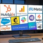 Professional marketing technology stack icons including HubSpot and Google Analytics