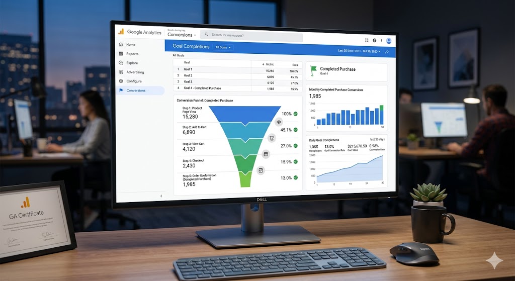 Google Analytics dashboard showing funnel visualization and conversion rates.