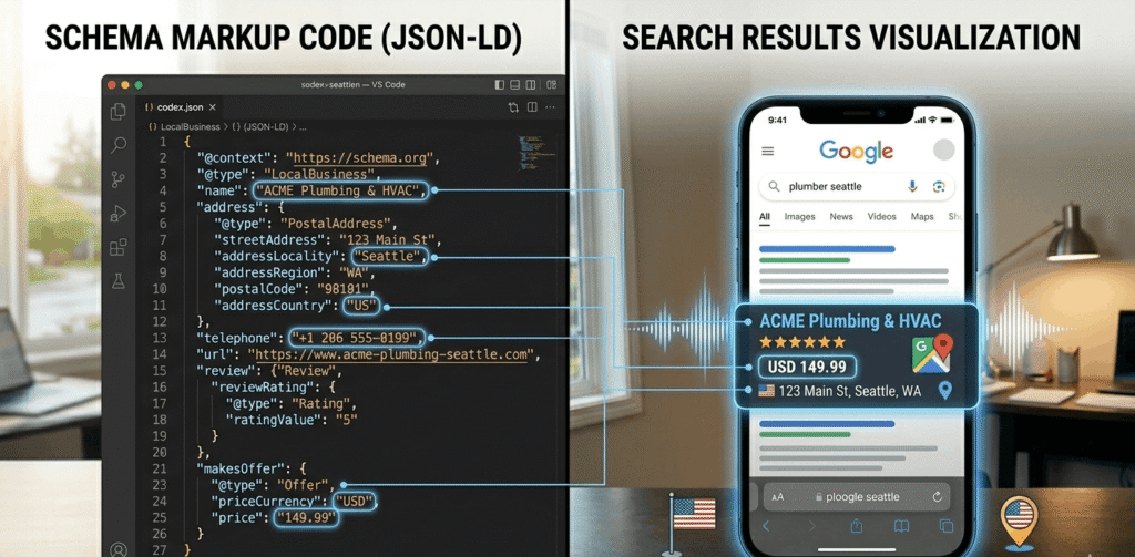 Technical visualization of schema markup local business implementation