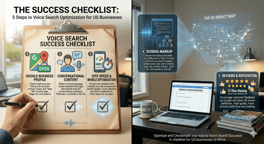Checklist for voice search optimization for US businesses.

