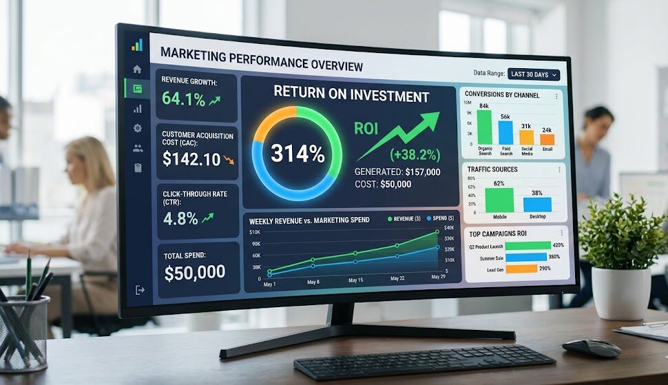 Digital marketing analytics dashboard showing revenue growth and marketing ROI metrics.
