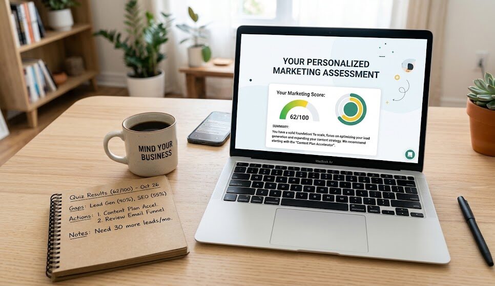 Business owner viewing quiz-based lead magnet results on a laptop showing a personalized marketing score assessment