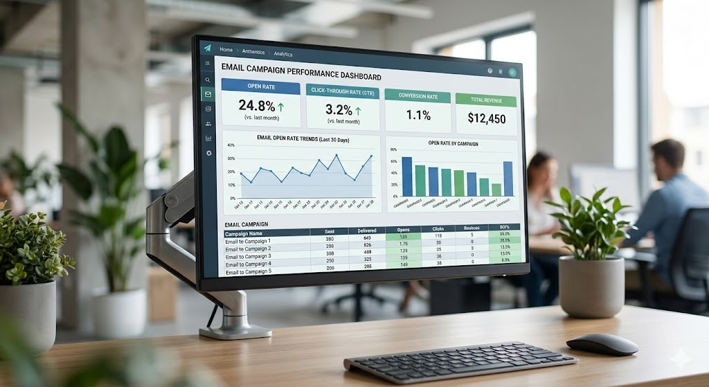 Marketing dashboard displaying email open rate benchmarks and performance metrics