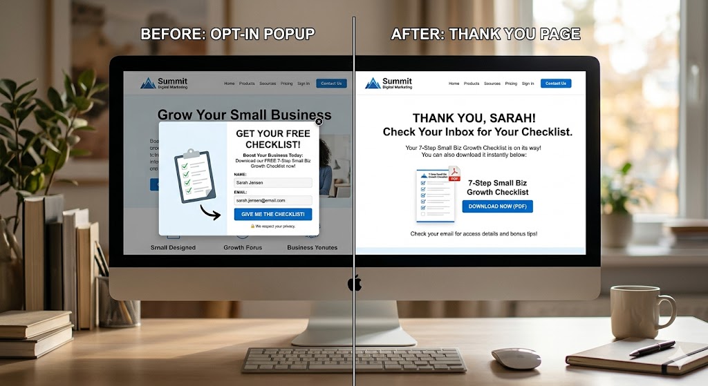 Lead Magnet Ideas: Lead magnet opt-in form example showing a checklist download pop-up on a US small business website