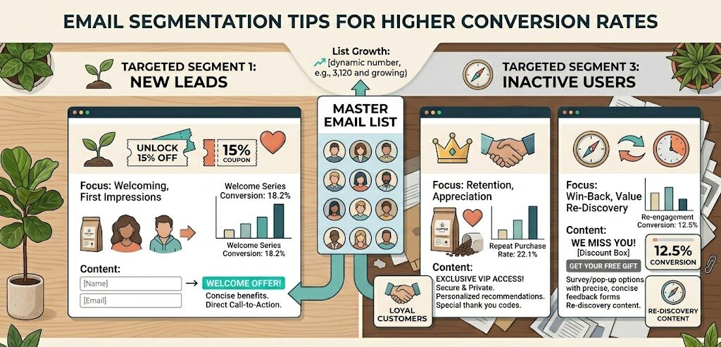 Visual representation of email segmentation tips for higher conversion rates