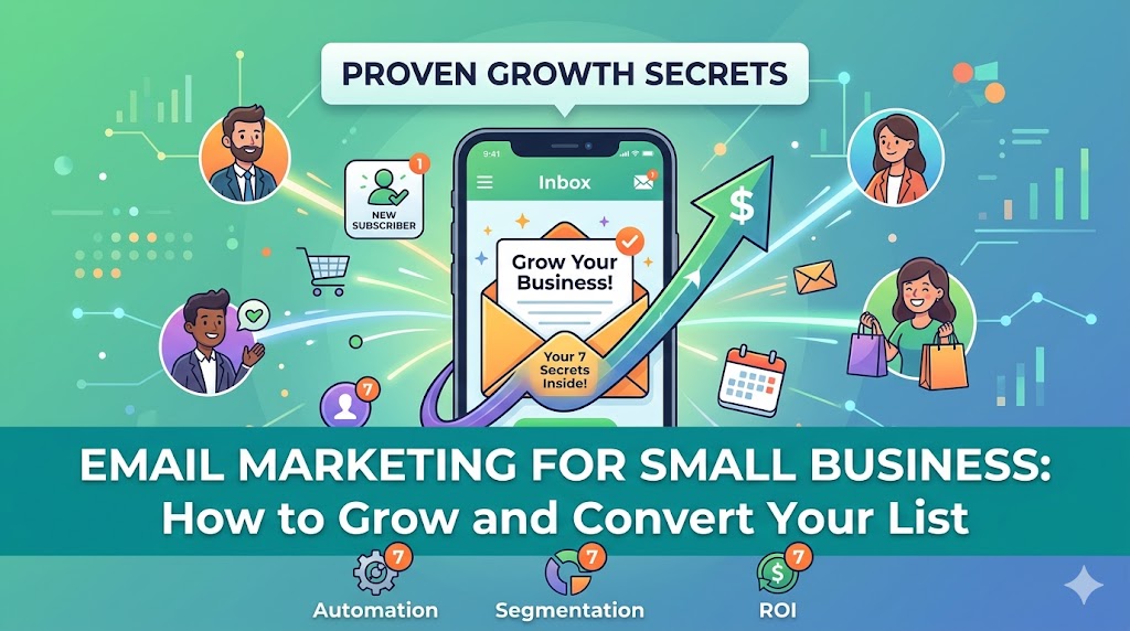 A modern illustrative graphic for Talatech showing email marketing for small business growth, featuring automation, list segmentation, and high ROI icons to help US business owners convert their email lists.