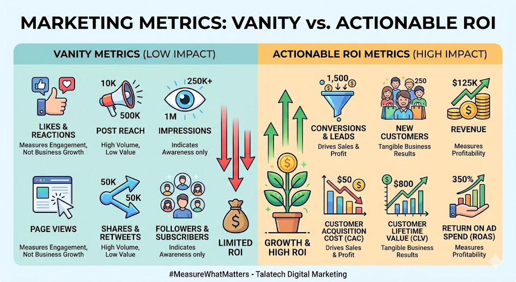 Comparison graphic highlighting vanity metrics versus actionable marketing ROI metrics.