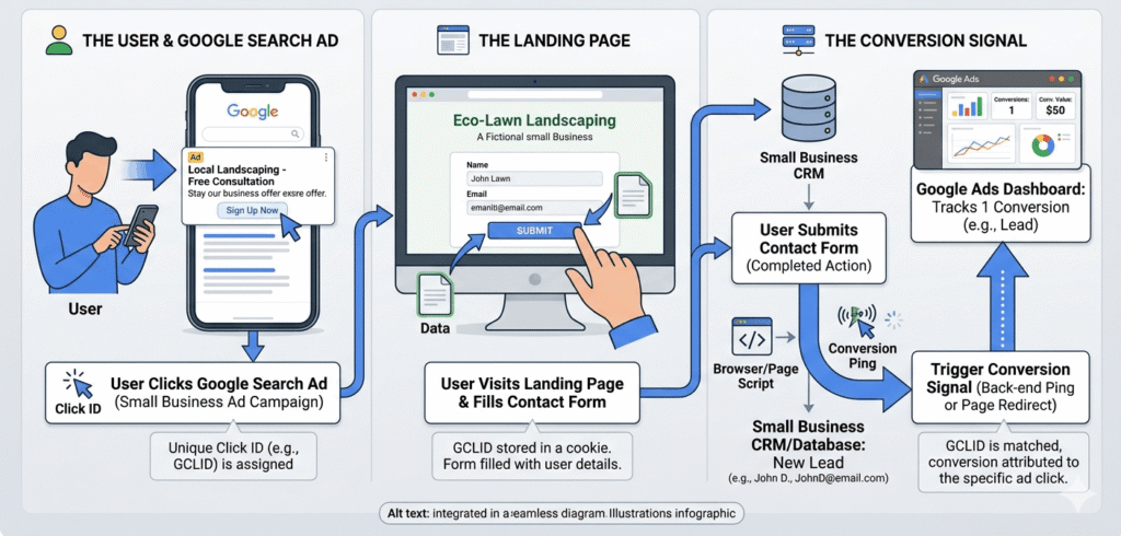 Technical workflow diagram illustrating Google Ads conversion tracking from initial click to completed form submission