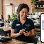 how to get more Google reviews: Small business owner in the US sending a Google review request via text message.