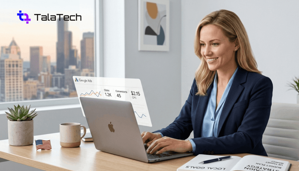 Google Ads for small business: A focused small business owner analyzing her Google Ads campaign dashboard to manage her marketing budget.