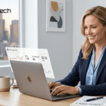 Google Ads for small business: A focused small business owner analyzing her Google Ads campaign dashboard to manage her marketing budget.