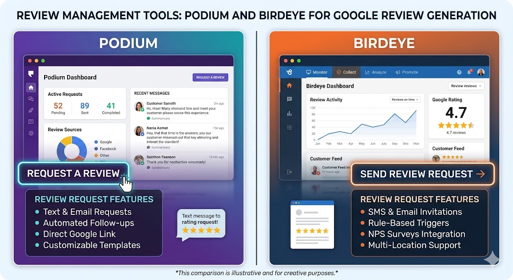 Review management tools Podium and Birdeye for Google review generation.
