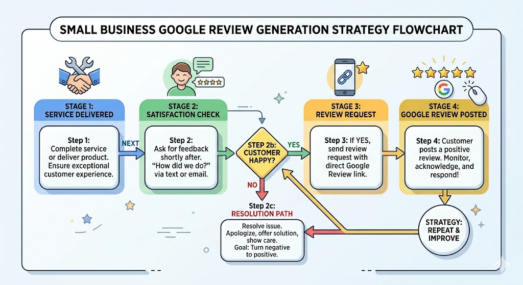Google review generation strategy flowchart for small businesses.
