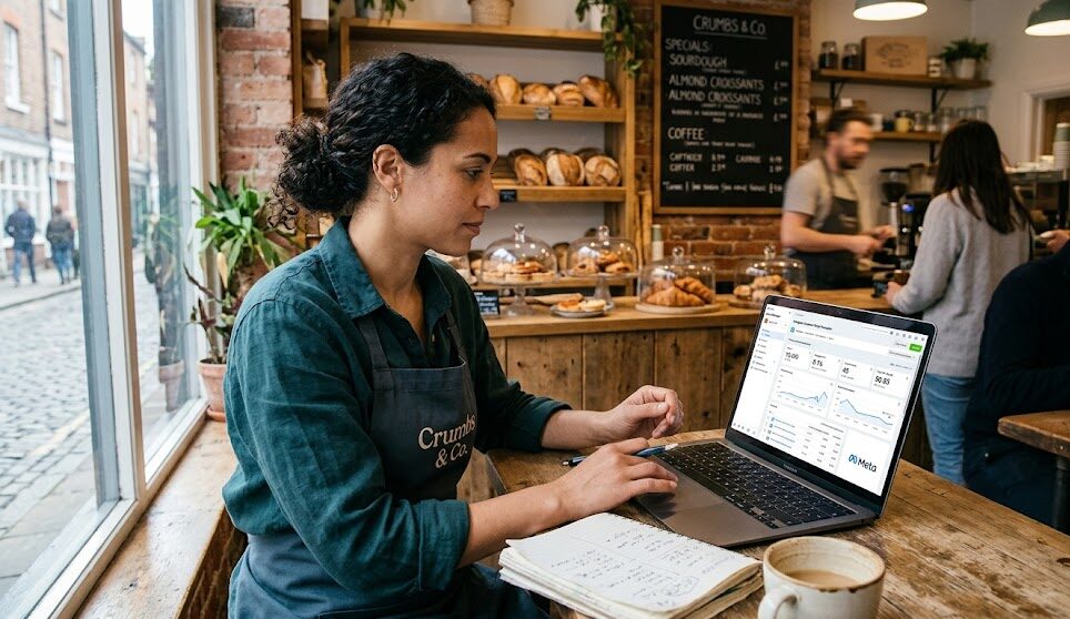 small business owner reviewing Facebook ads performance dashboard