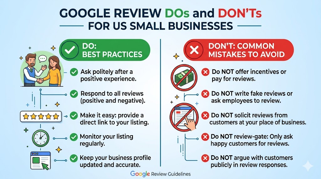 Google review guidelines for US small businesses — what to do and avoid.
