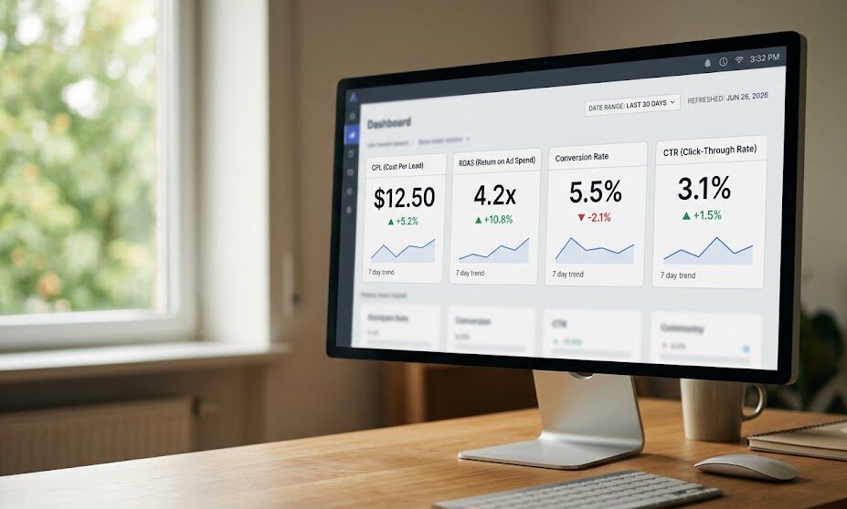 Small business digital advertising performance tracking dashboard showing CPL, ROAS, conversion rate, CTR