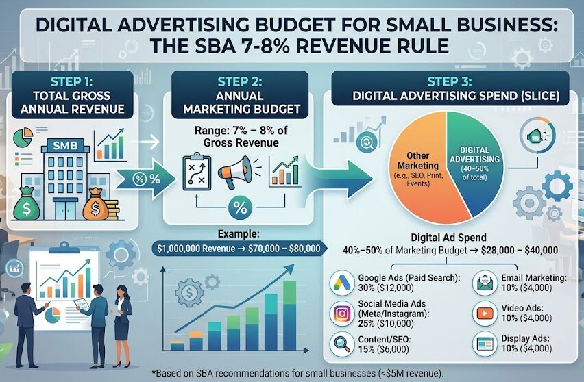 Digital advertising budget for small business: SBA 7-8% revenue rule infographic
