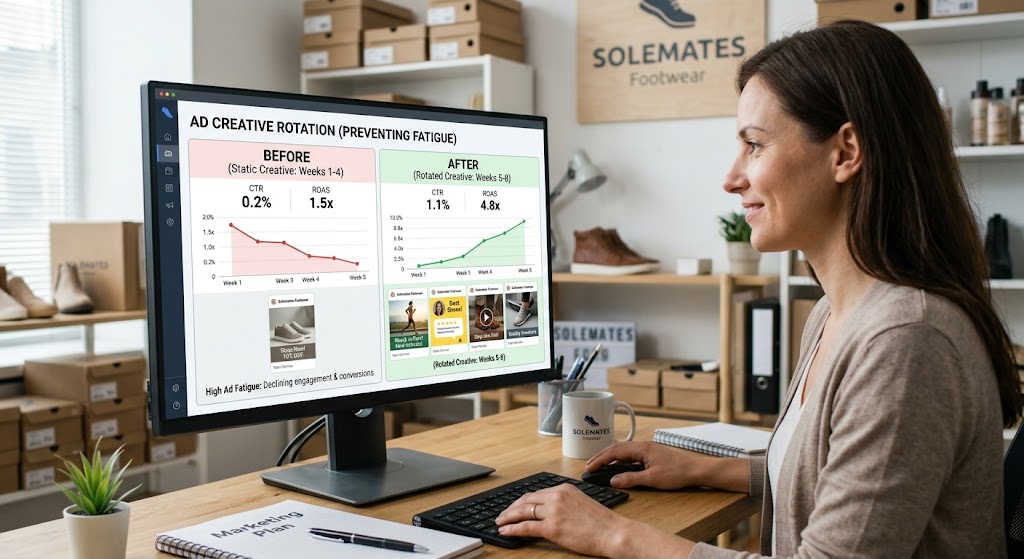 Rotating retargeting ad creative to prevent ad fatigue for small business campaigns.