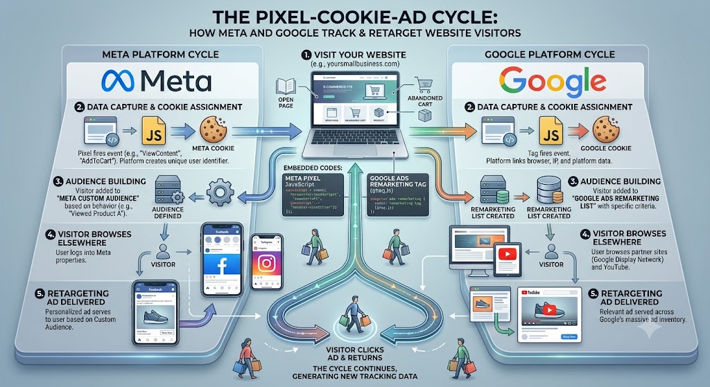 How the Meta Pixel and Google Ads Remarketing tag track website visitors for retargeting.
